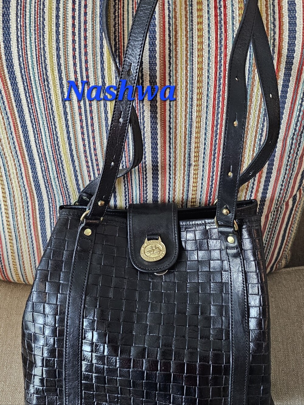 Brahmin Vintage Black Woven Leather Shoulder Bag